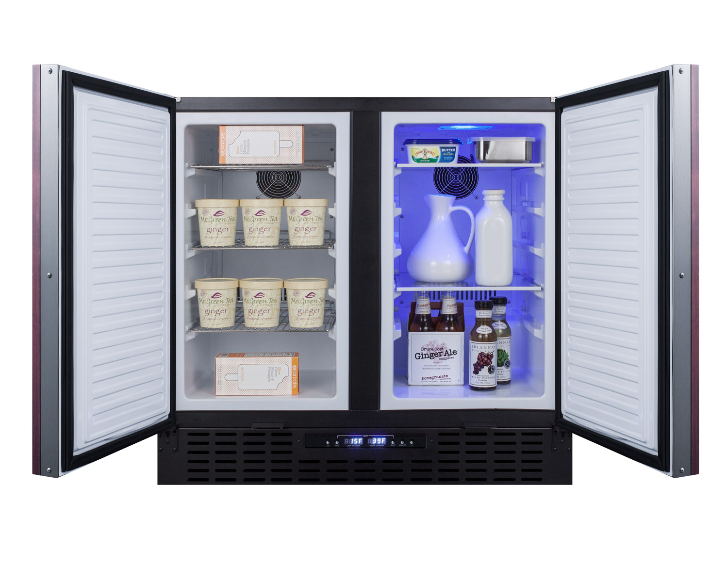 Commercially approved, frost-free, side-by-side refrigerator-freezer for built-in or freestanding use with two panel-ready doors, black cabinet, front-placed digital controls